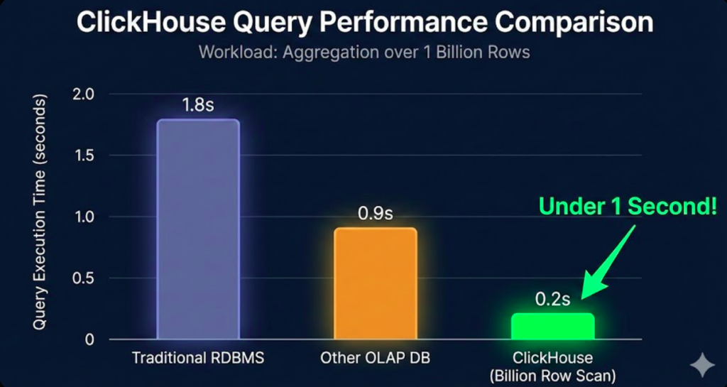 ClickHouse Tutorial for Beginners:ClickHouse query performance comparison showing billion row scan in under 1 second