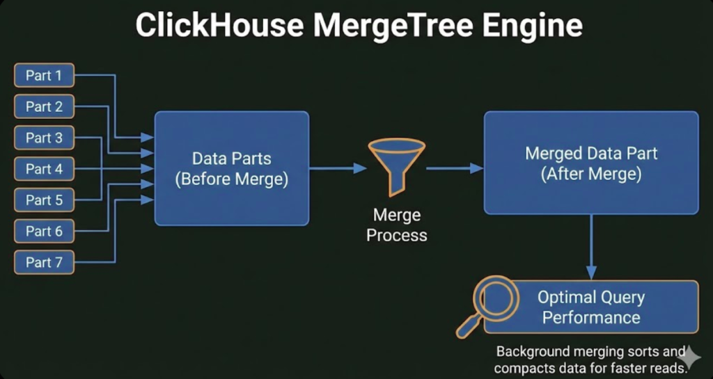 ClickHouse tutorial for beginners: MergeTree engine visualization explaining how data parts are merged for optimal query performance